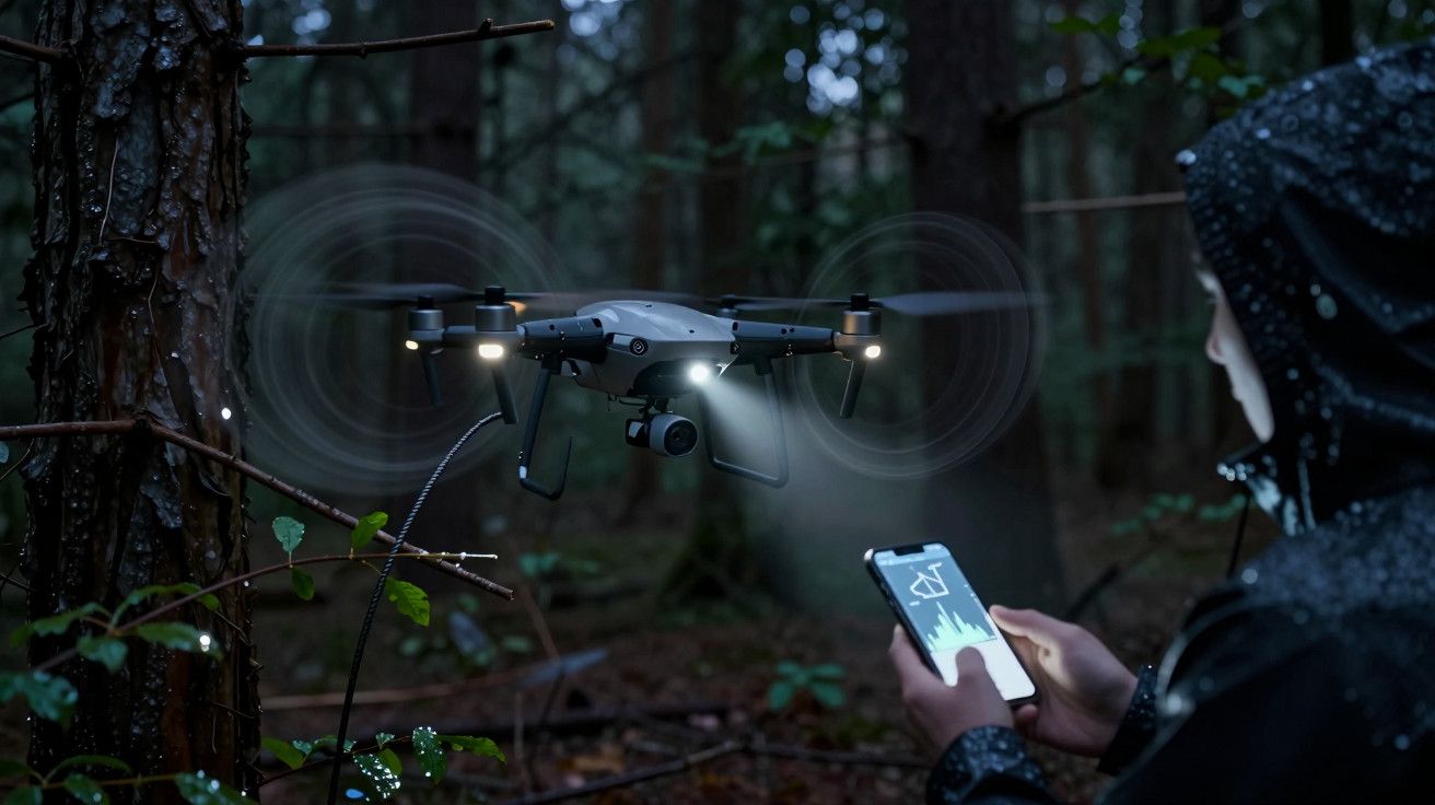 Pessoa controla drone com luzes acesas na floresta, usando smartphone sob chuva leve.