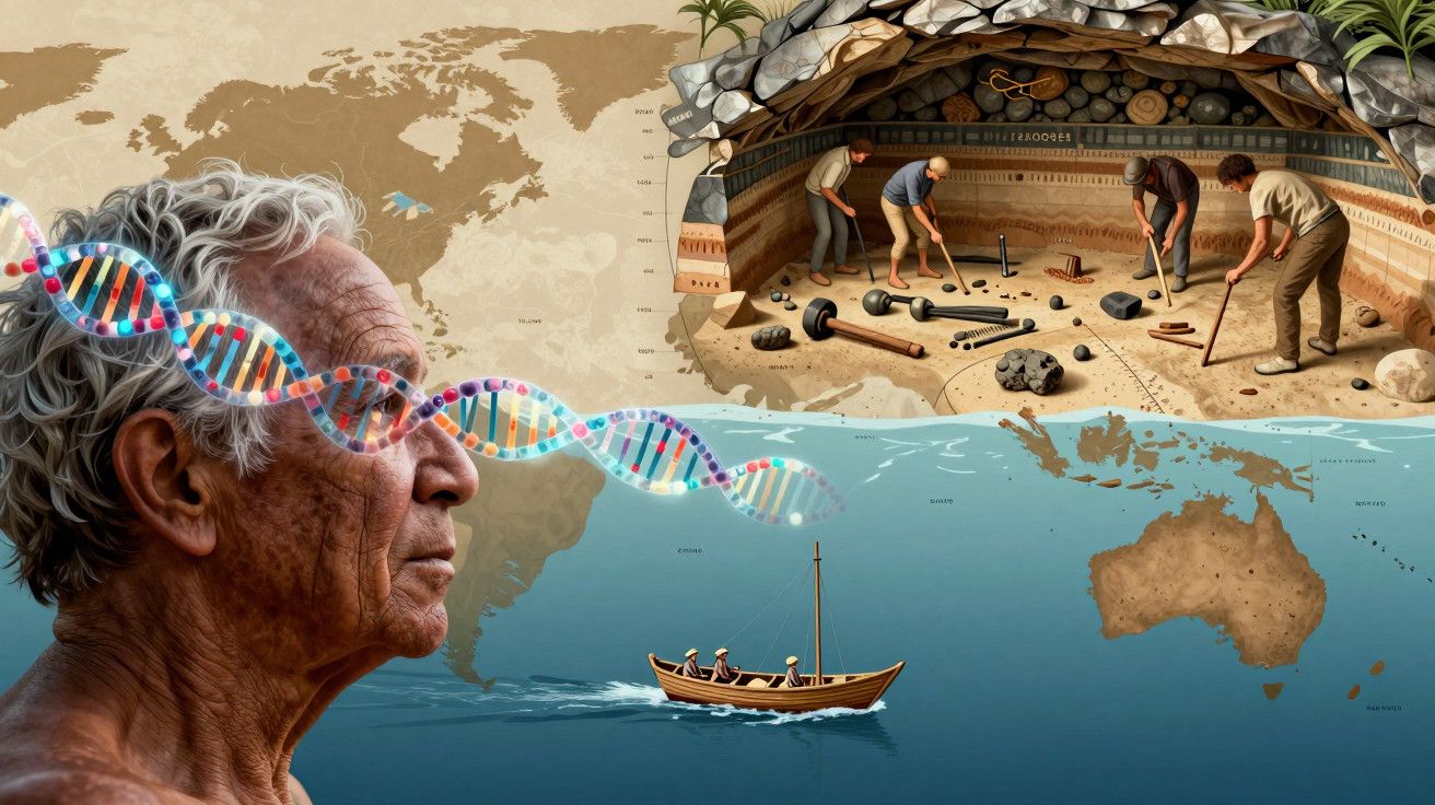 Homem idoso com hélice de DNA sobre mapa-múndi, caverna com arqueólogos e barco no mar.