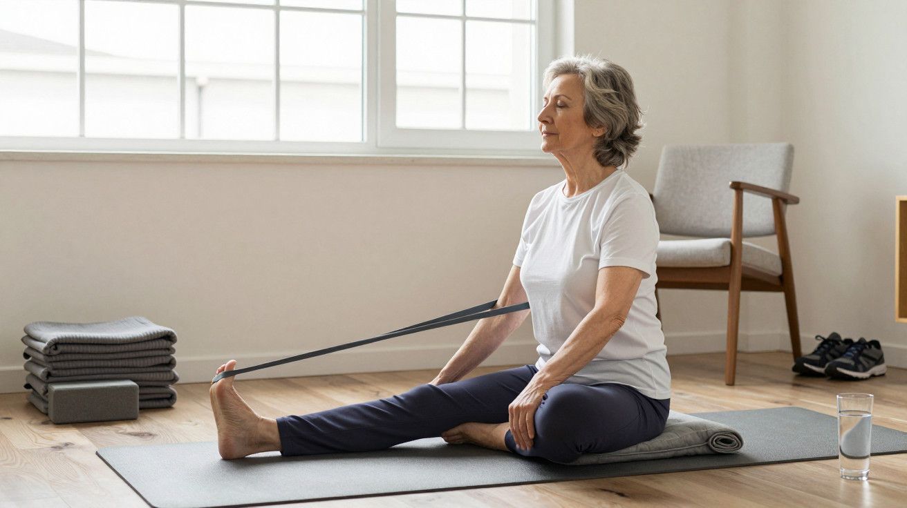 Mulher idosa faz alongamento sentado em tapete de ioga, segurando um elástico, na sala de estar iluminada.