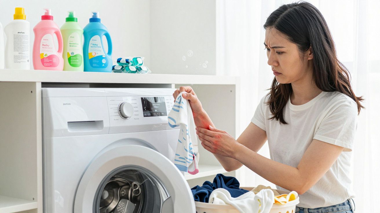 Mulher preocupada verifica roupa manchada ao lado de máquina de lavar; detergentes visíveis sobre a máquina.
