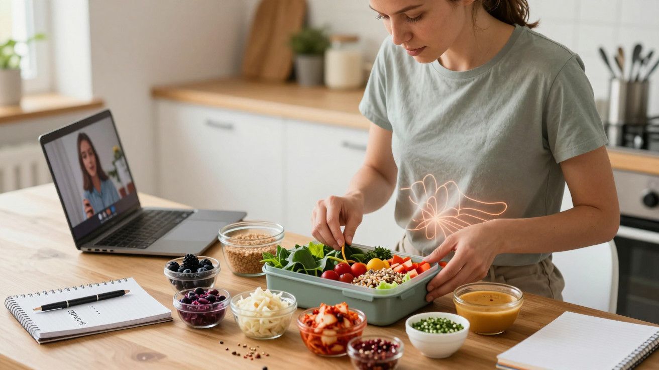 Mulher prepara salada na cozinha, rodeada por ingredientes frescos, com um portátil a mostrar uma chamada de vídeo.