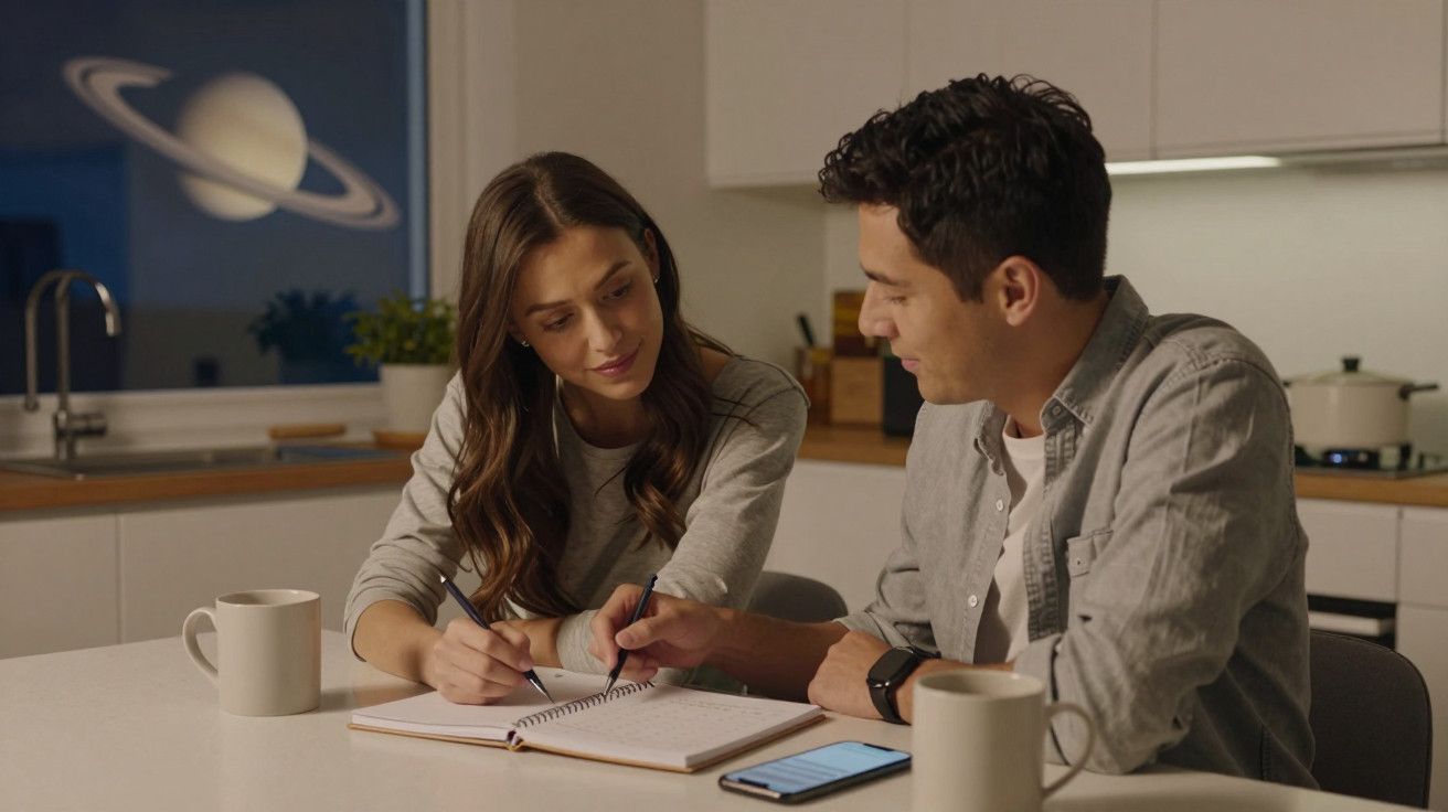 Casal a estudar na cozinha com chávenas, caderno e telemóvel. Ao fundo, imagem de Saturno na janela.