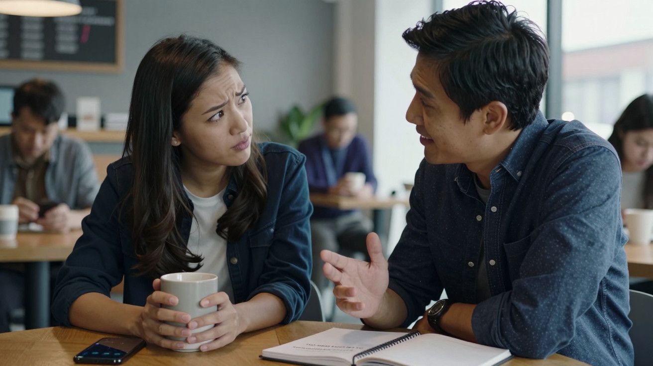 Duas pessoas conversam numa cafetaria, uma delas segura uma chávena e um bloco de notas está sobre a mesa.