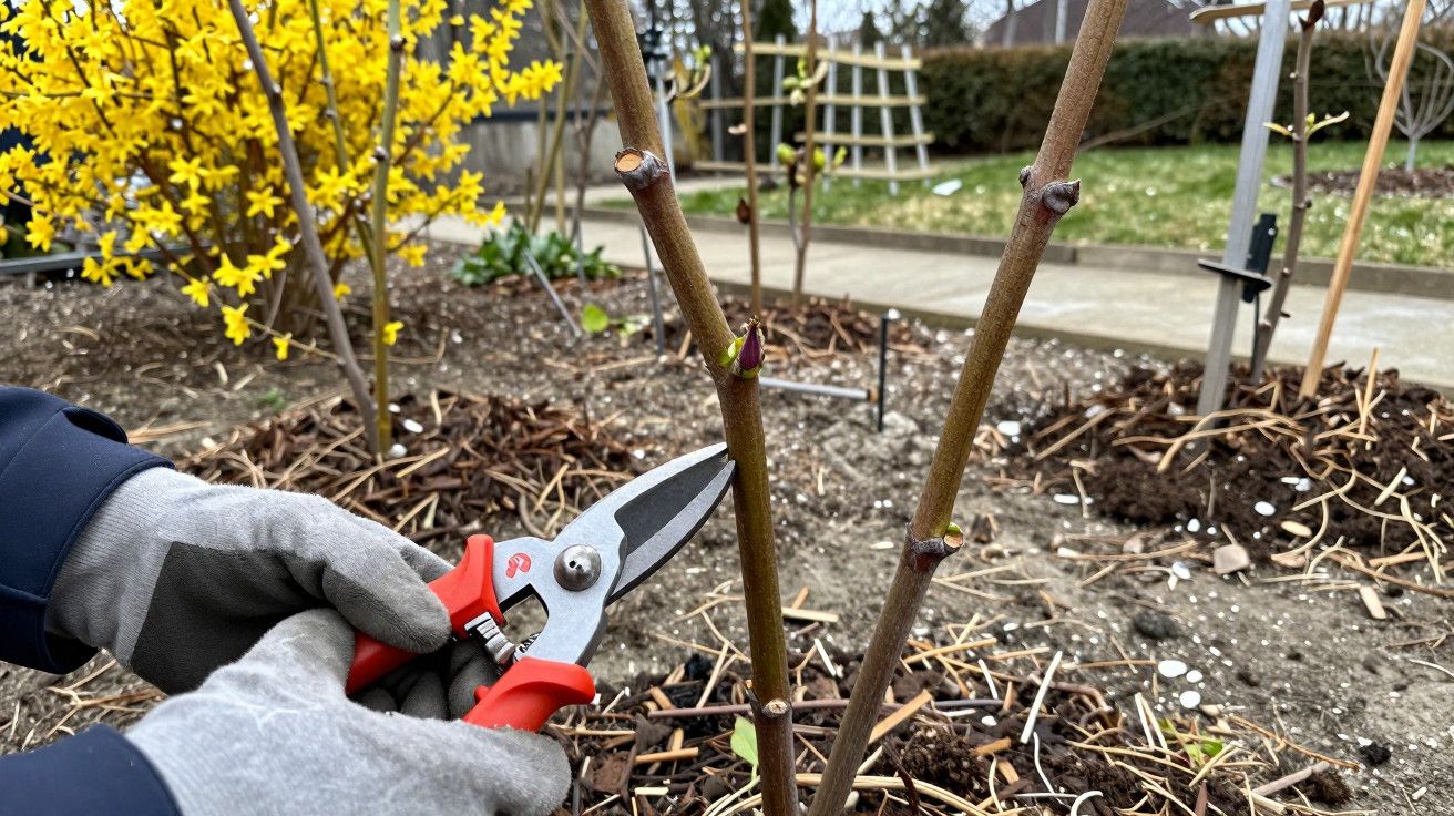 Pessoa a podar arbustos com luvas e tesoura de poda num jardim com arbusto florido ao fundo.