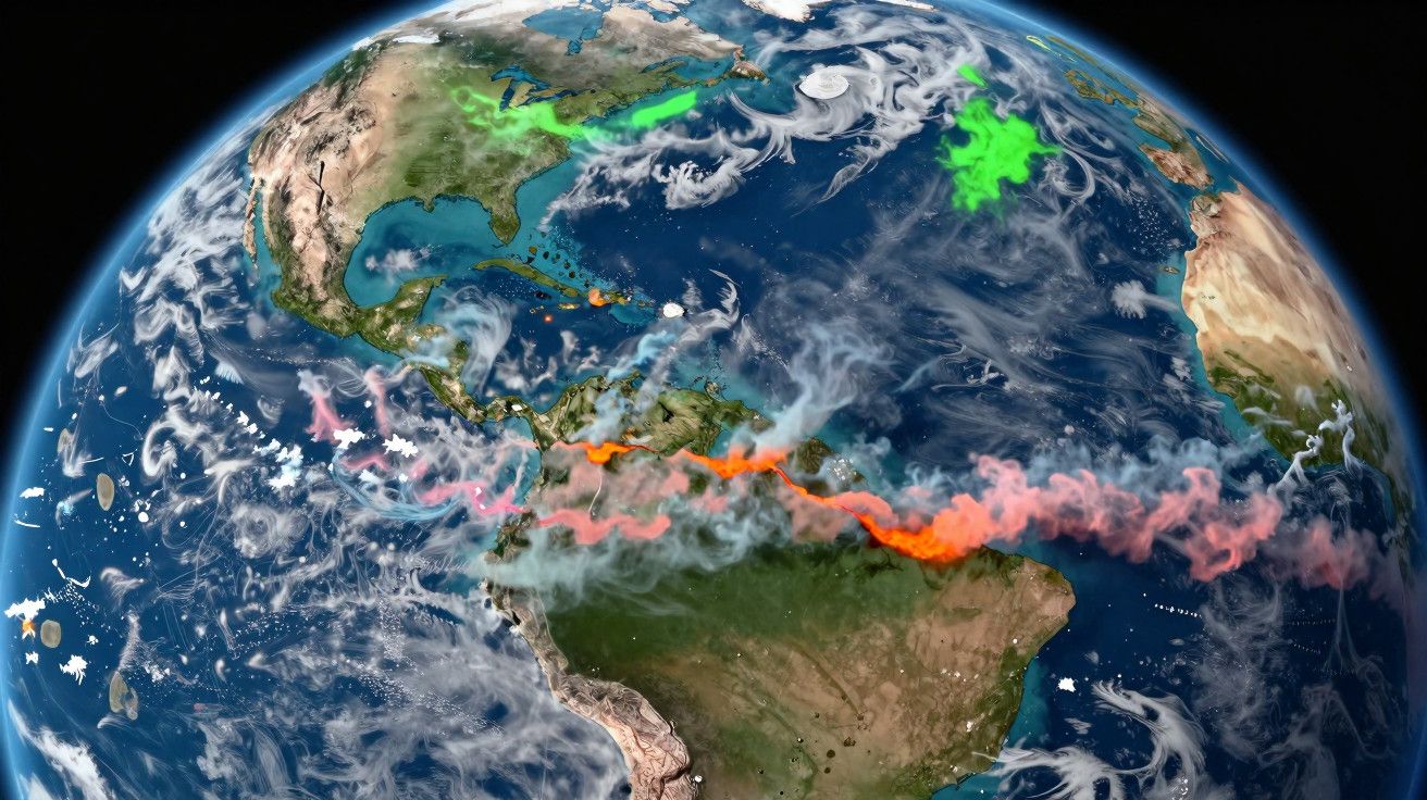 Imagem da Terra vista do espaço com padrões de nuvens coloridas sobre as Américas e parte do Atlântico.