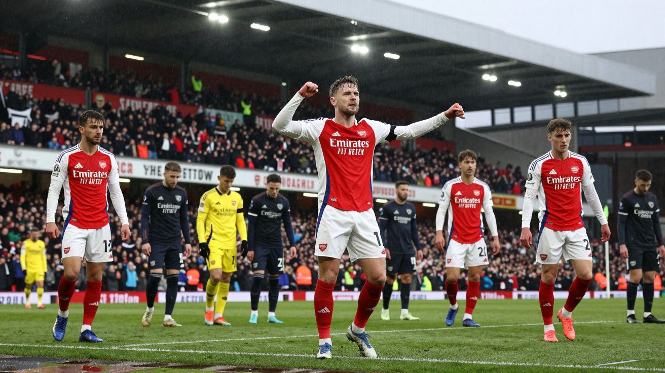 Jogadores de futebol do Arsenal em campo, com número 19 celebrando. Estádio cheio de adeptos ao fundo em dia nublado.