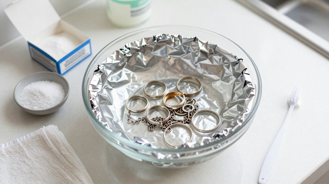 Tigela de vidro com papel de alumínio e joias dentro; ao lado, bicarbonato de sódio, sal e escova de dentes.