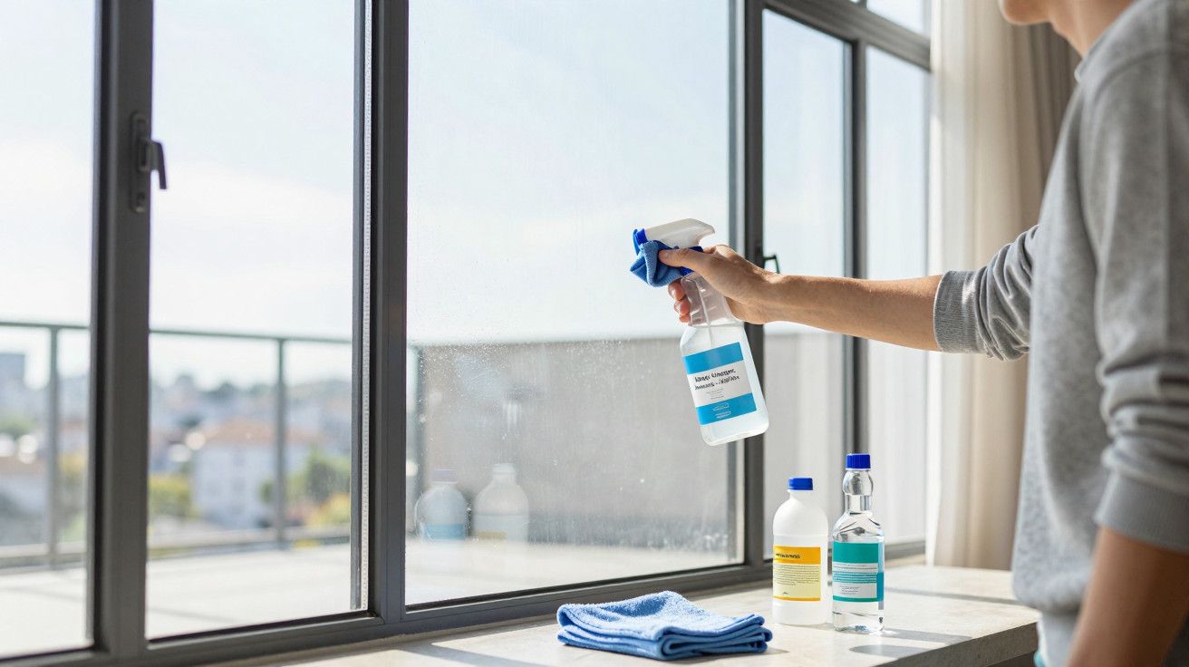 Pessoa a limpar uma janela com spray e pano azul. Frascos de limpeza em fundo.