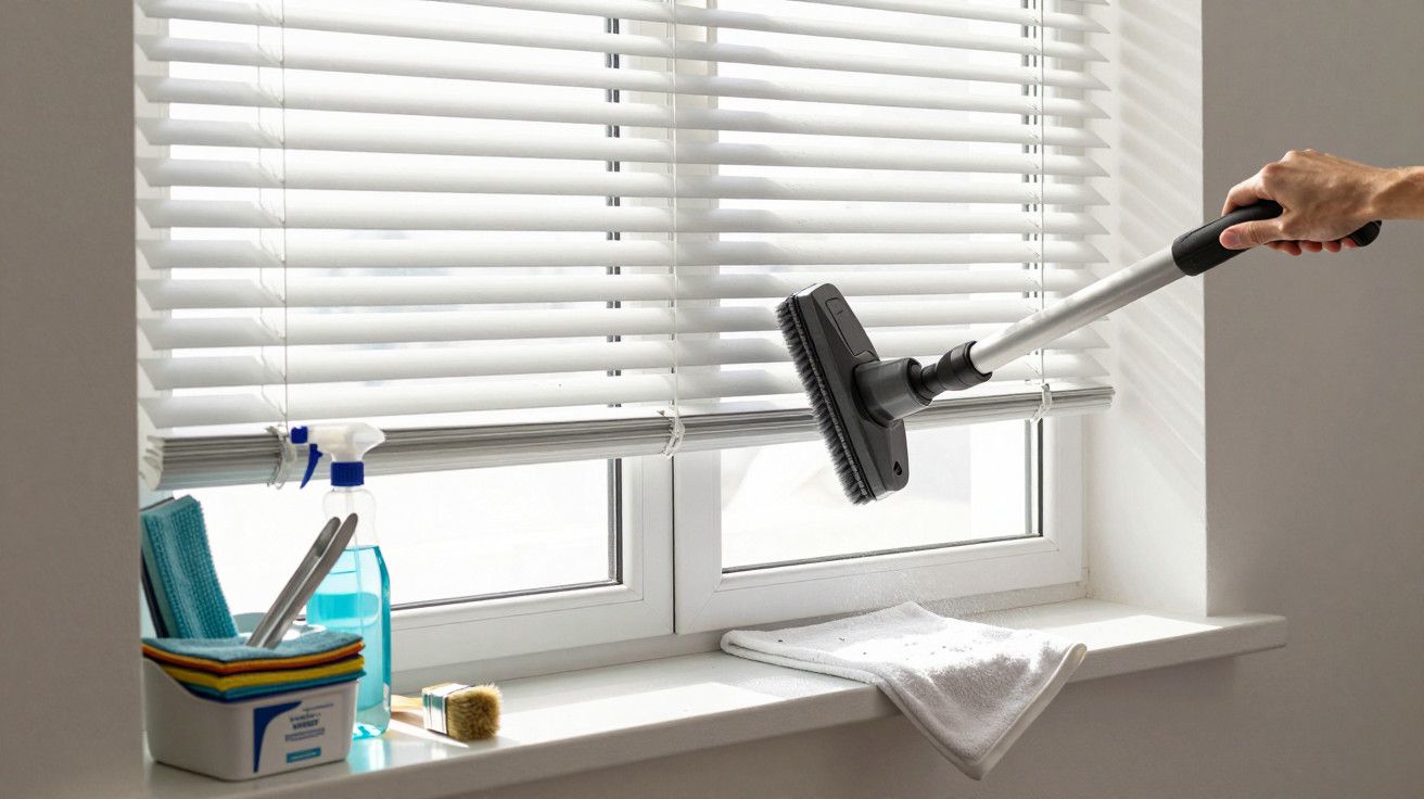 Pessoa a limpar estores com aspirador numa janela, produtos de limpeza ao lado.