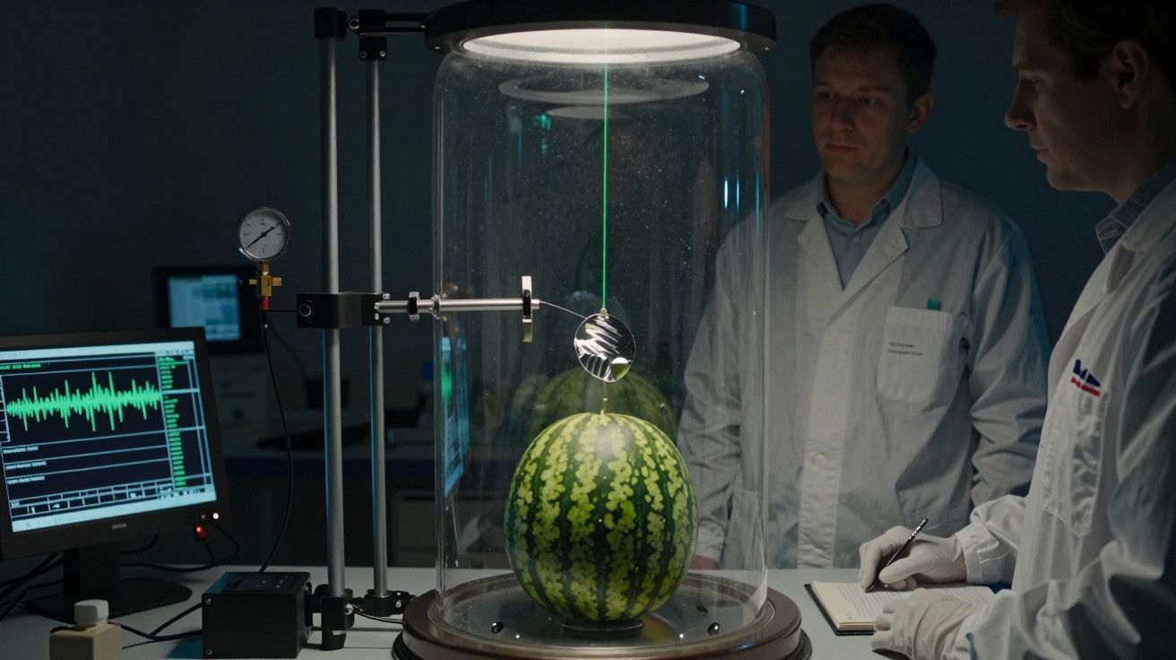 Dois cientistas observam melancia sob análise em câmara com computador ao lado.