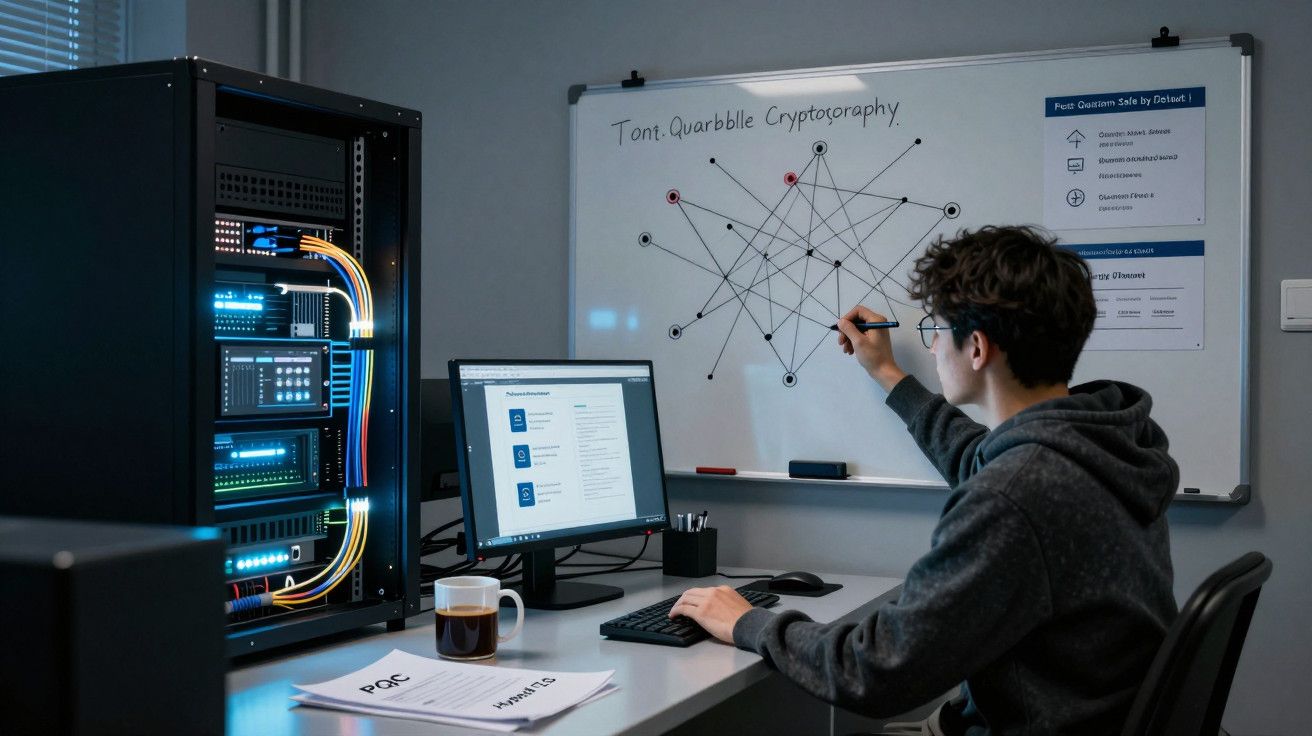 Homem desenha gráfico em quadro branco ao lado de servidor e computador com chávenas e documentos na mesa.
