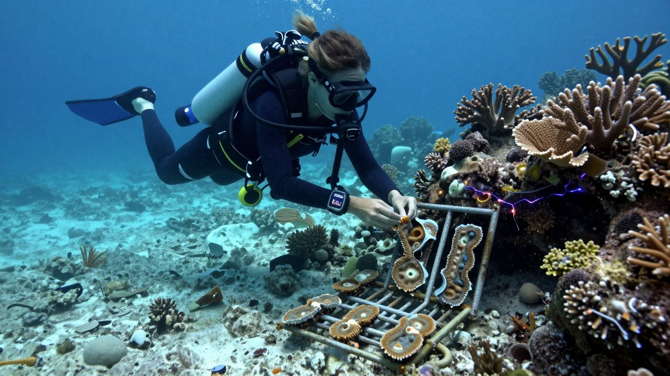 Mergulhador a instalar estruturas de coral num recife subaquático.
