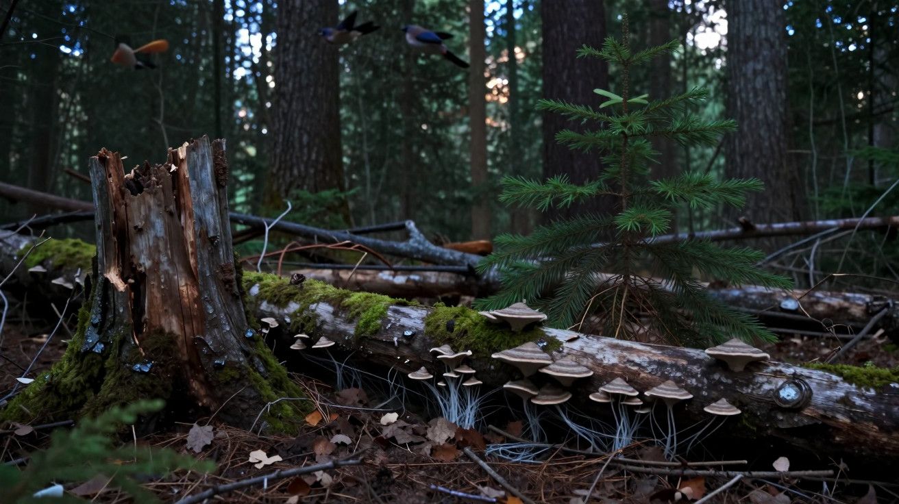 Floresta com troncos caídos cobertos de musgo e cogumelos, ao lado de um pinheiro jovem; aves voam ao fundo.