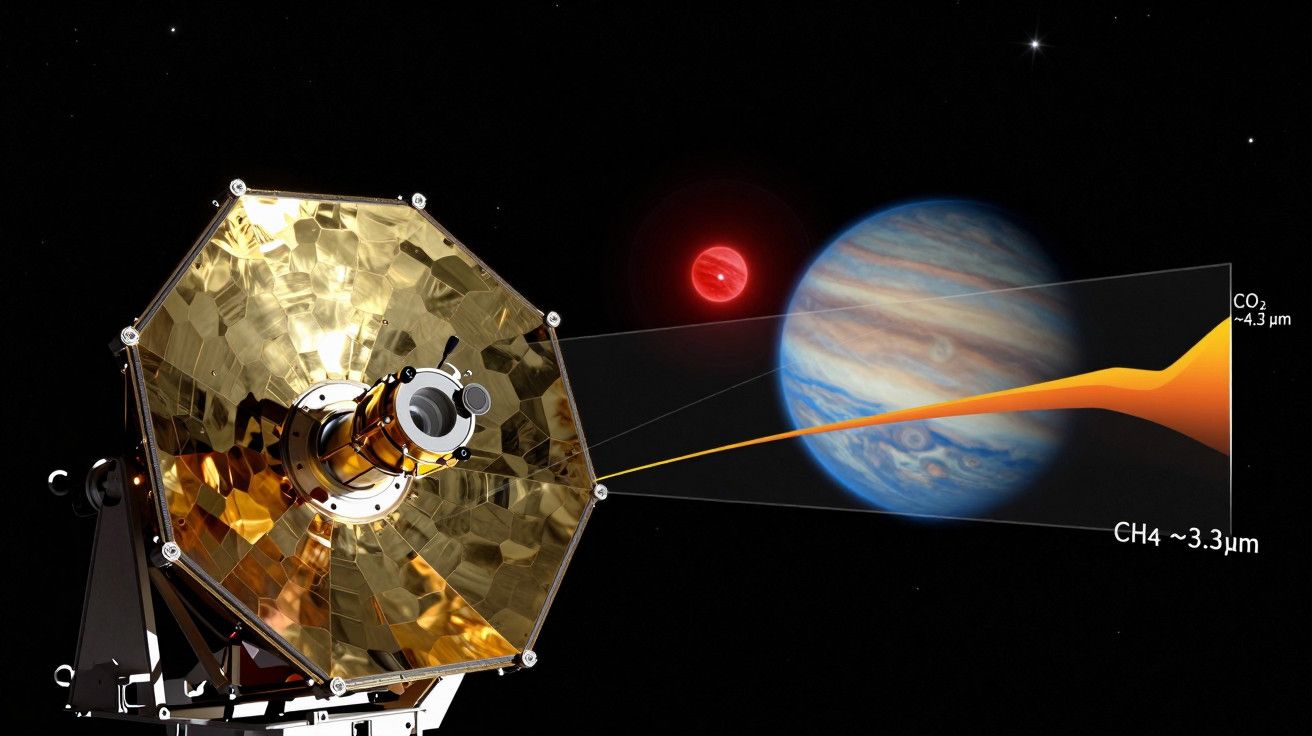 Telescópio espacial observa planeta gigante azul e vermelho no espaço, com análise de espectros de CH4 e CO2.