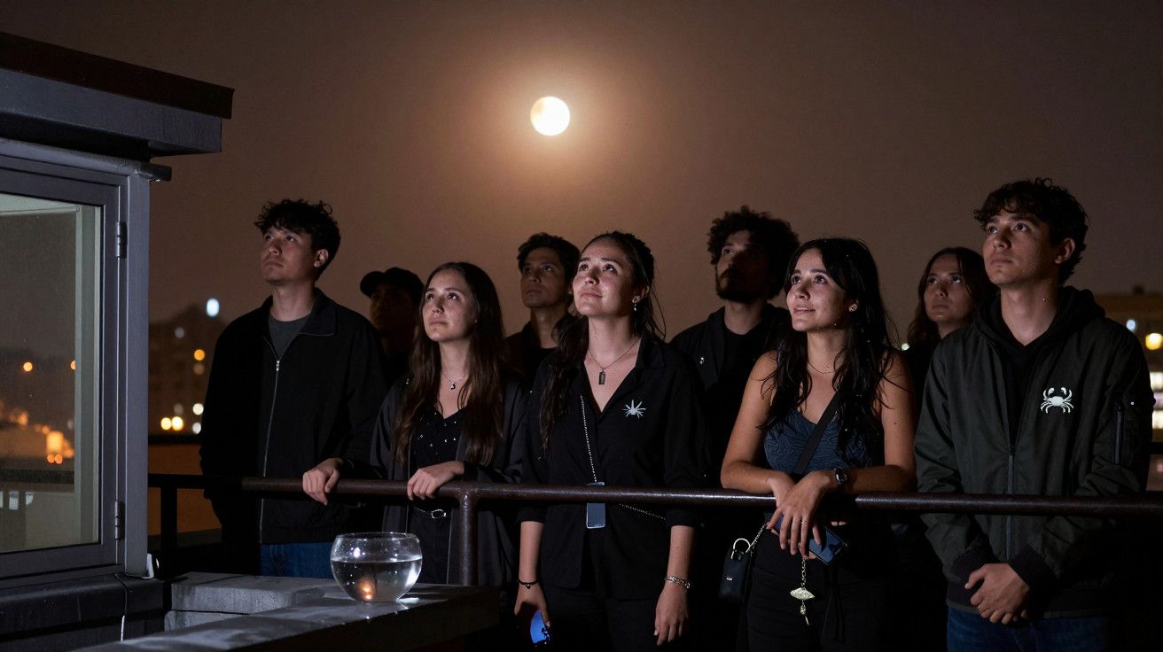Grupo de pessoas no terraço observando uma lua cheia à noite.