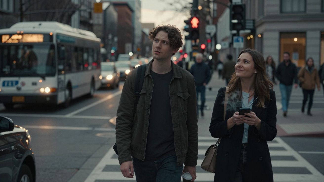 Homem e mulher atravessam rua movimentada ao entardecer, com autocarro e pedestres ao fundo.