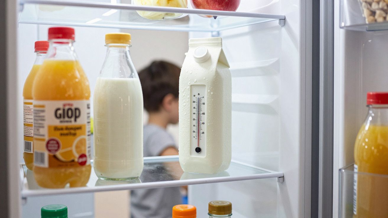 Garrafas de sumo e leite numa prateleira de frigorífico, com um termómetro na embalagem do leite.