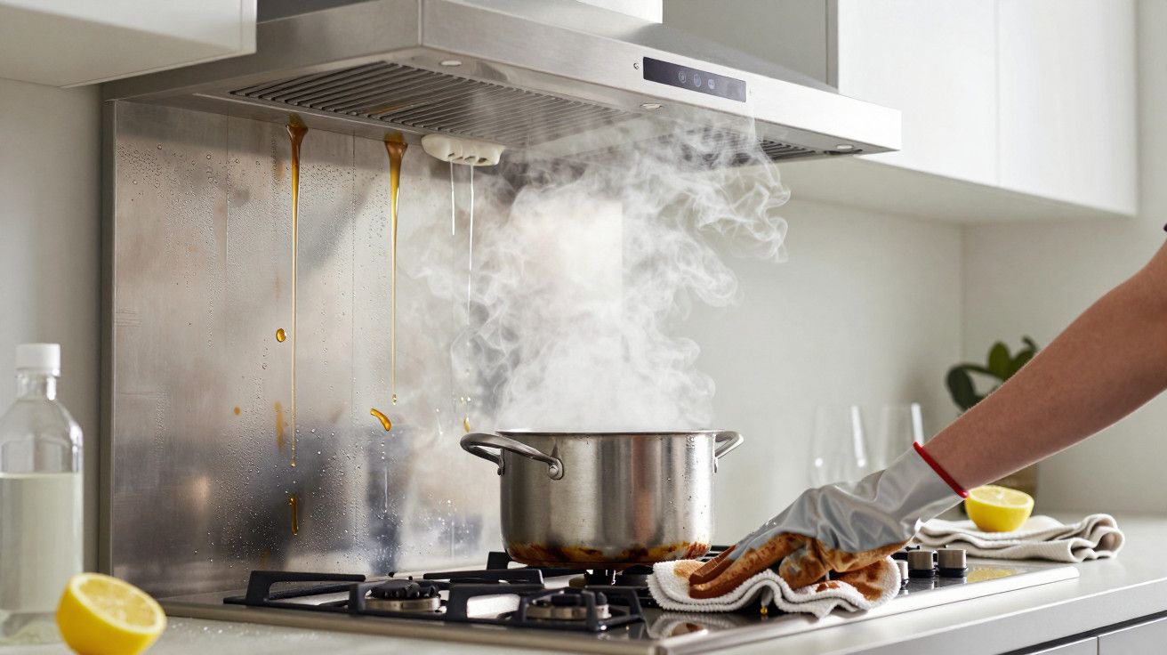 Panela a ferver em fogão a gás com vapor, mão com luva limpando; limão e garrafa ao lado.