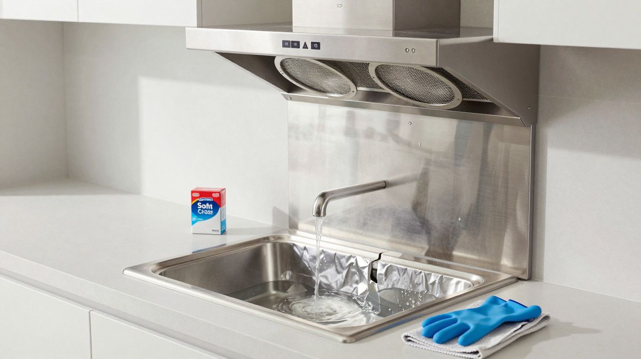 Torneira de cozinha aberta sobre lava-loiça, com caixa de detergente e luvas azuis ao lado.