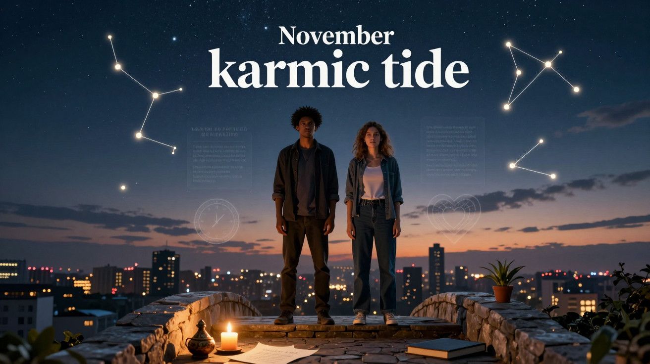 Duas pessoas de pé numa varanda sobre uma cidade à noite, com constelações e a frase "November karmic tide" no céu.