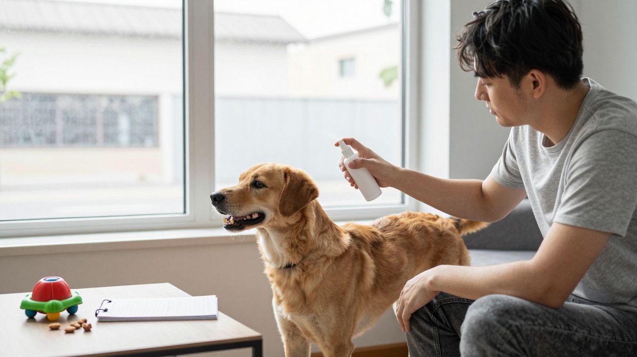 Homem borrifa spray em cão junto à janela, com brinquedos e caderno na mesa ao lado.