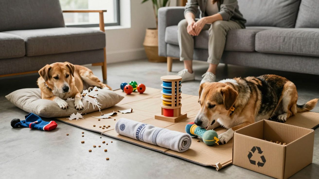 Dois cães a brincar com brinquedos em tapete na sala, com uma pessoa sentada no sofá ao fundo.