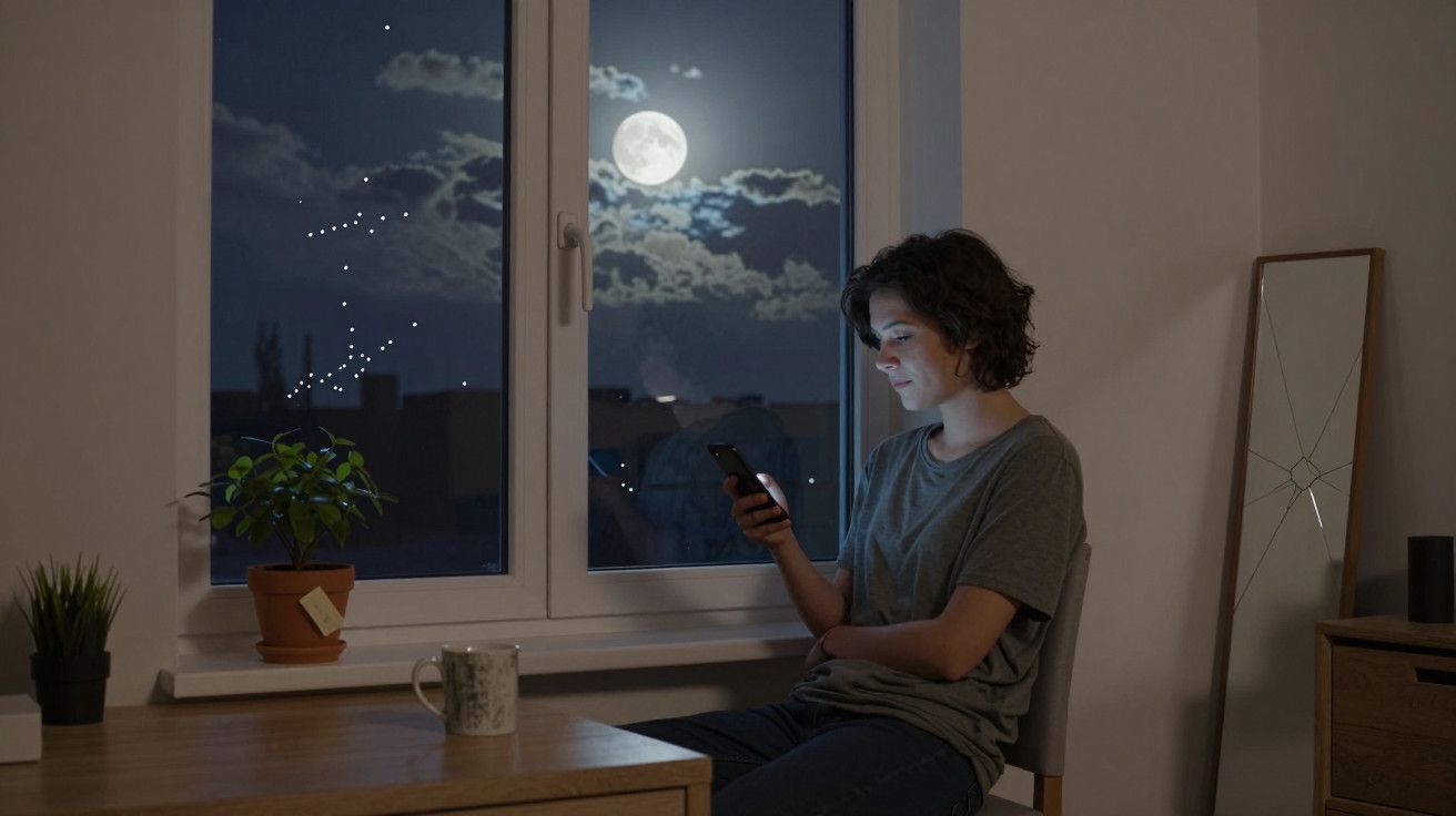 Mulher sentada à janela à noite, usando telemóvel, com lua cheia ao fundo.