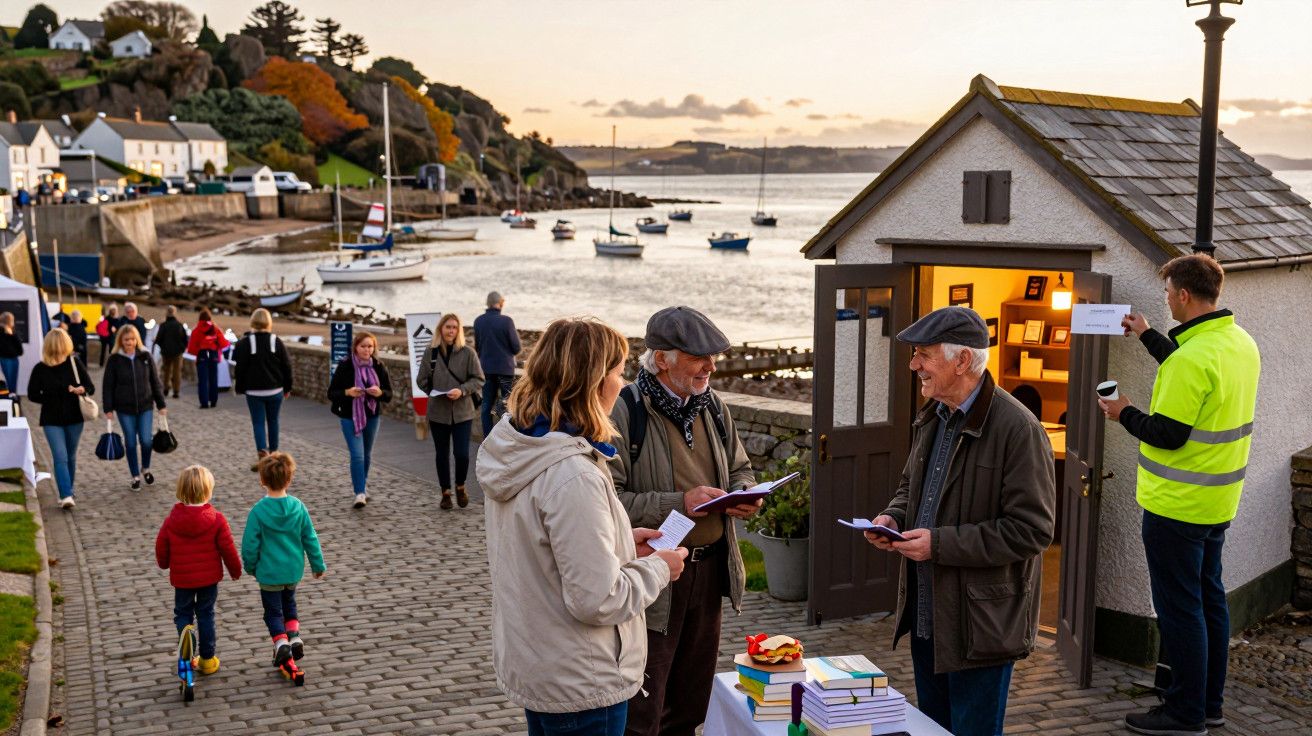 Pessoas passeando por um caminho de paralelepípedos à beira-mar com cabana, barcos ao fundo e árvores de outono.