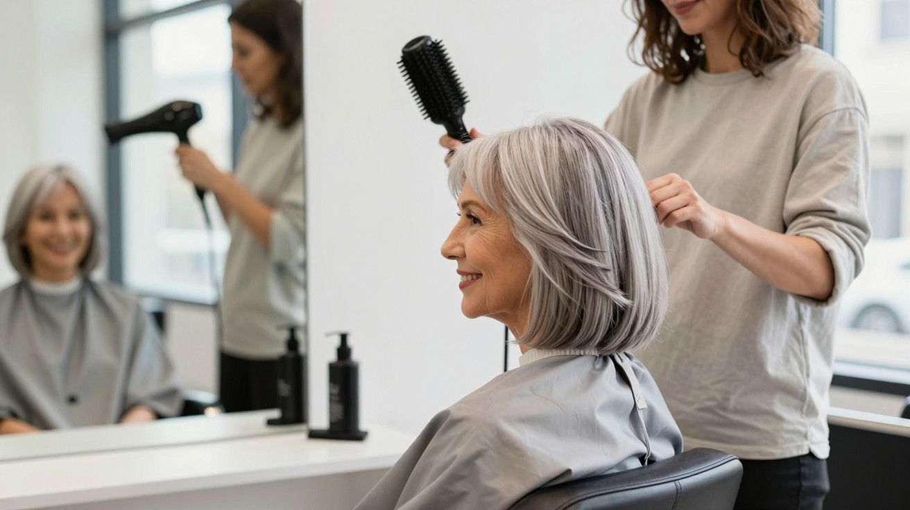 Mulher de cabelos grisalhos sorrindo enquanto cabeleireira seca seu cabelo com escova e secador num salão.