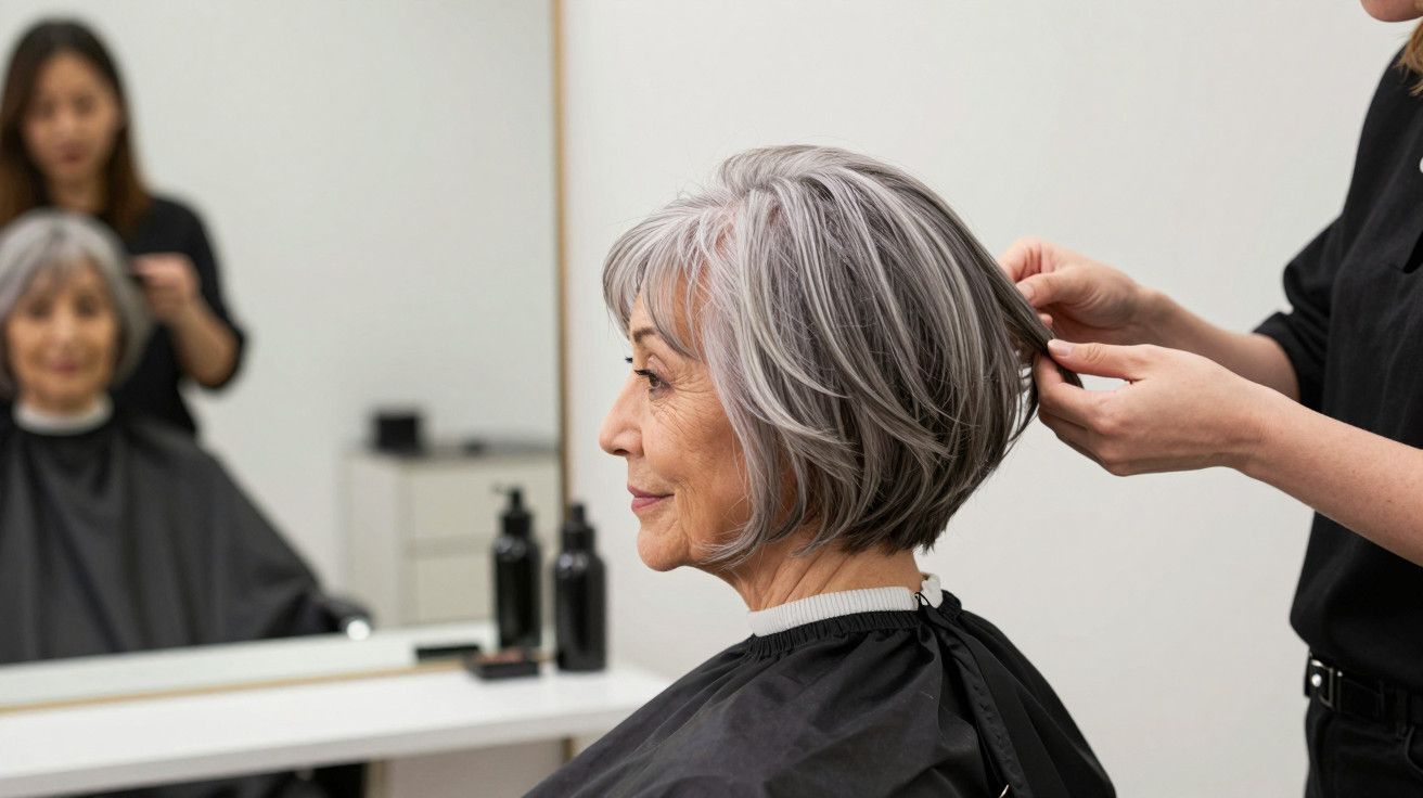 Mulher idosa com cabelo grisalho curto é penteada por cabeleireira em salão.