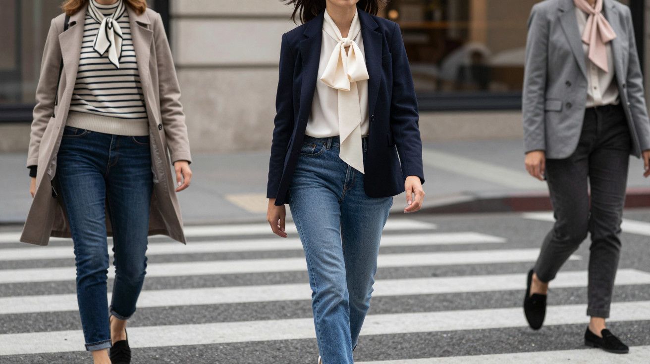 Três mulheres em roupas casuais atravessam uma passadeira na cidade.