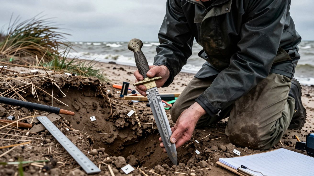 Arqueólogo a escavar e segurar espada antiga numa escavação à beira-mar, com ferramentas e caderno ao lado.
