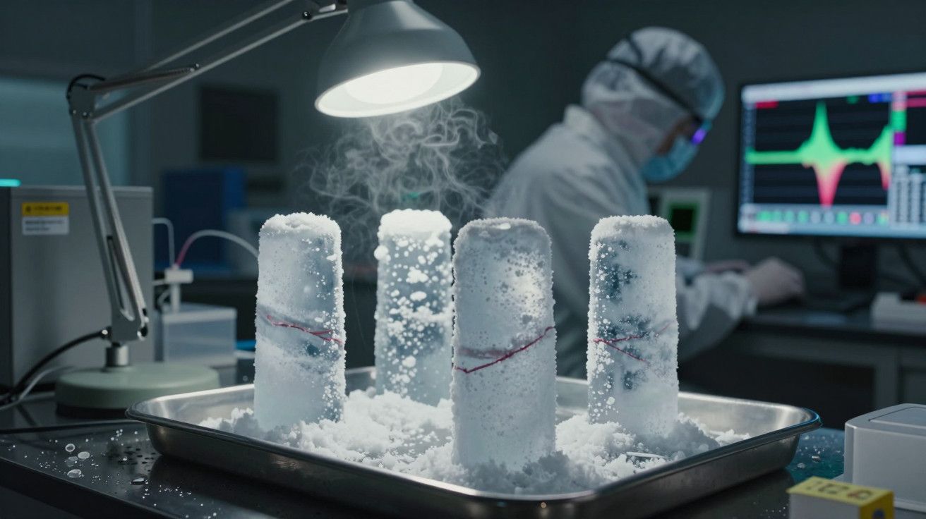 Cilindros congelados numa bandeja, vapor à volta, cientista ao fundo, computador com dados.