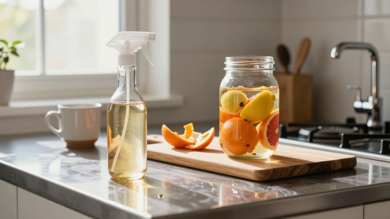 Frascos de vidro com citrinos cortados em cima de uma tábua de madeira numa cozinha iluminada pelo sol.