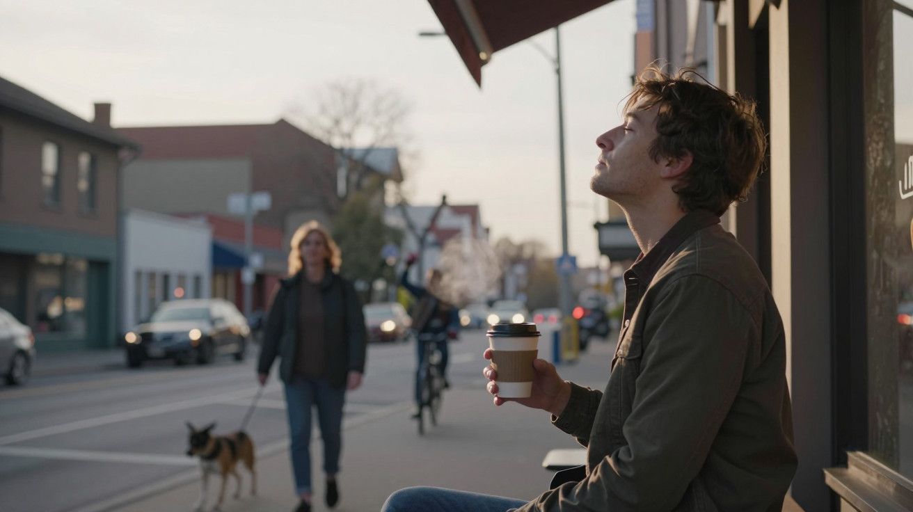 Homem sentado na rua, segurando café e apreciando o sol. Pessoas e cão passeiam ao fundo com prédios na calçada.