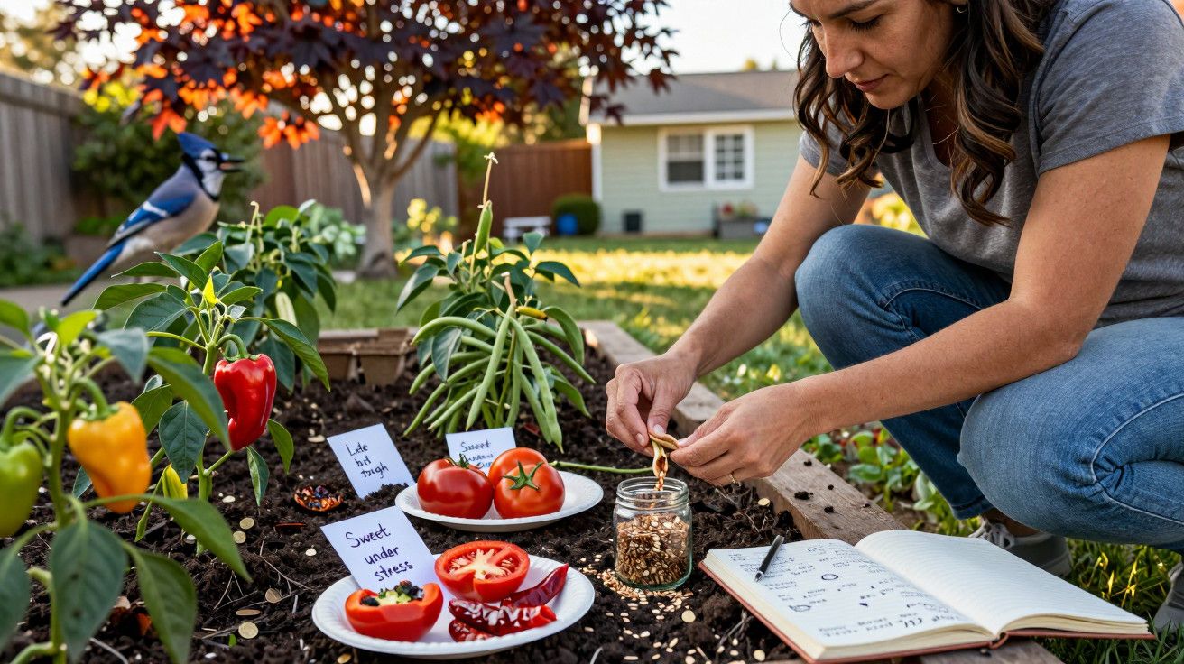 Mulher no jardim, planta pimentos e tomates, com pássaro azul ao fundo, caderno e sementes.