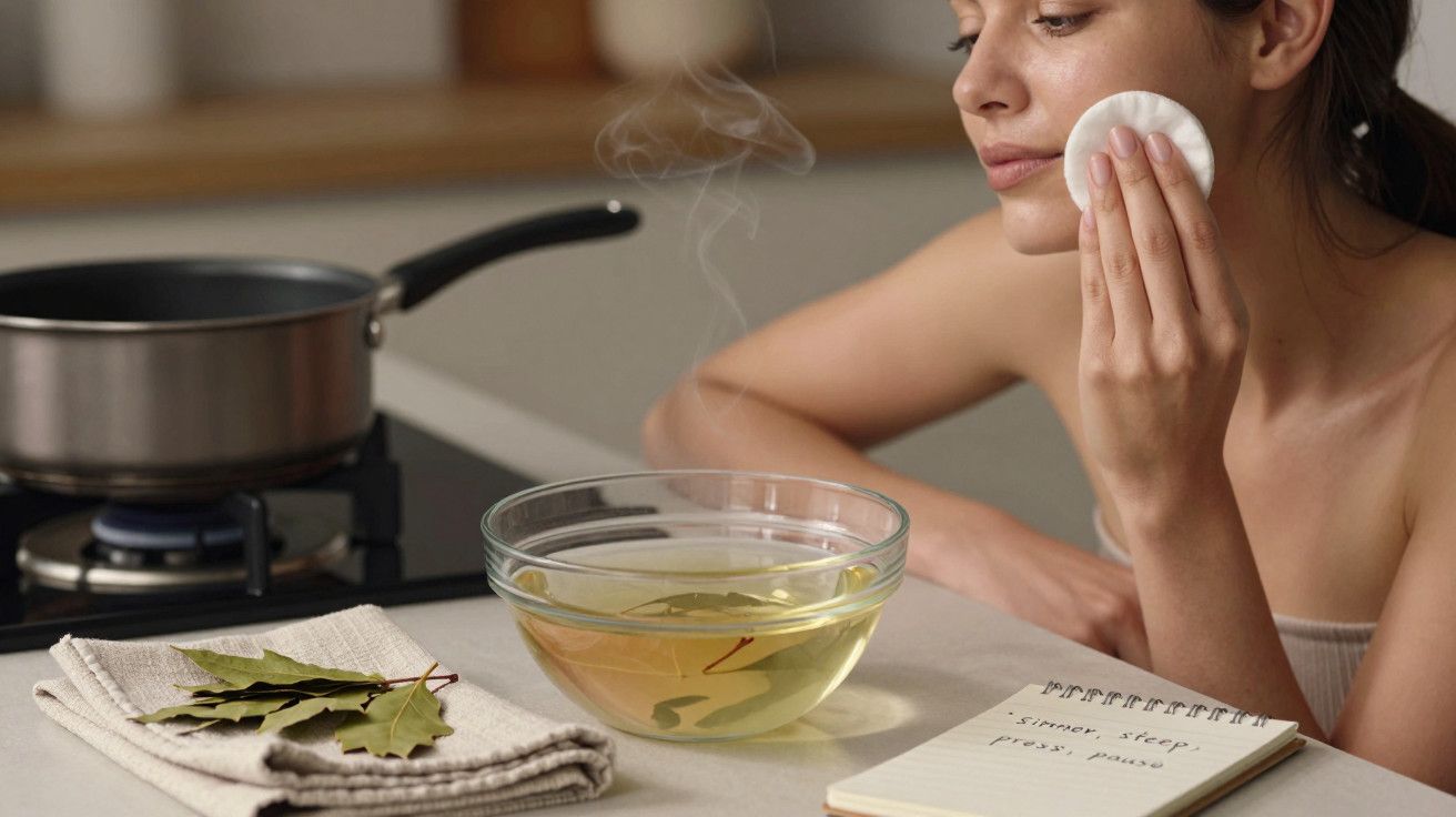 Mulher aplica disco de algodão no rosto, com tigela de chá e bloco de notas ao lado de panela no fogão.