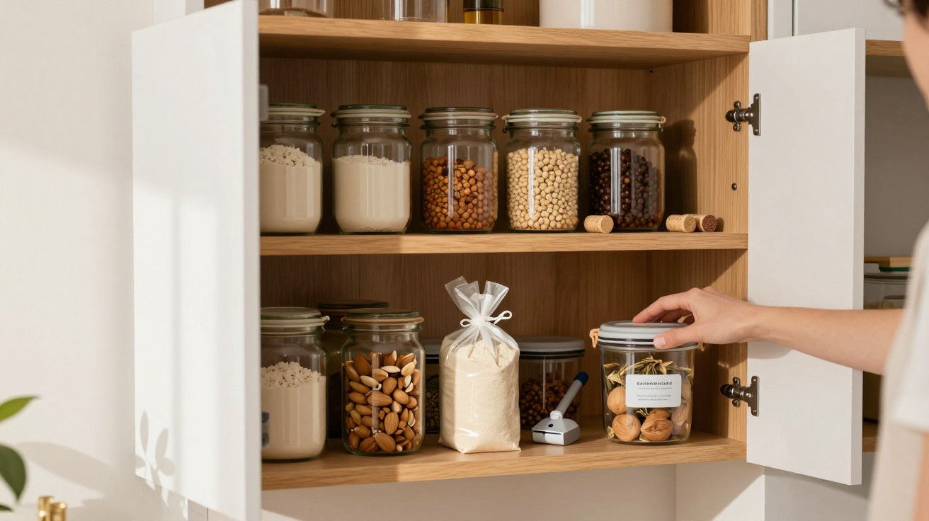 Pessoa a abrir armário com frascos de vidro cheios de grãos, frutos secos e farinha.