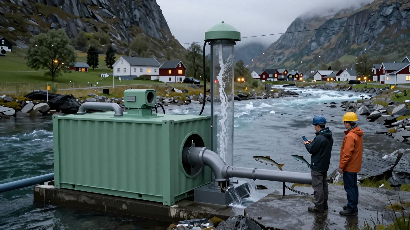 Duas pessoas observam instalação de uma bomba num rio com casas e montanhas ao fundo.