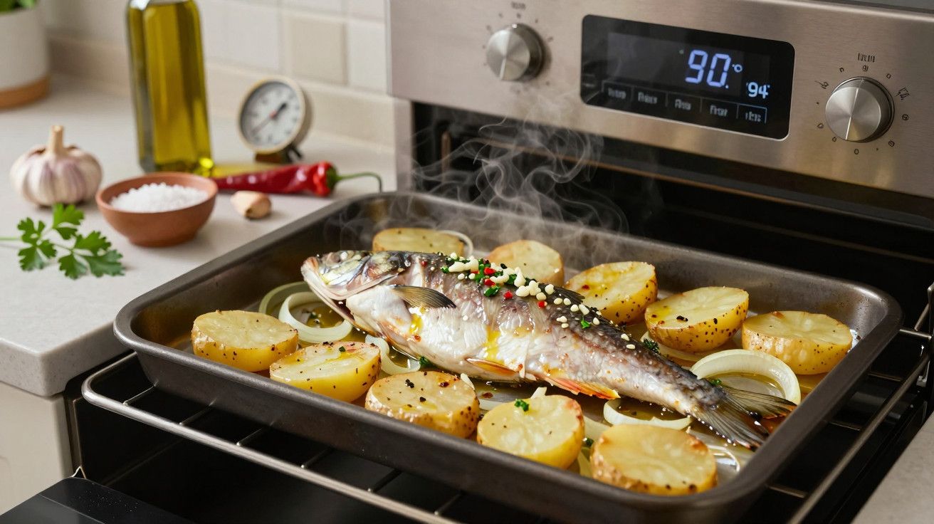 Peixe assado no forno com rodelas de batata, cebola e especiarias, com azeite, alho e pimenta ao fundo.