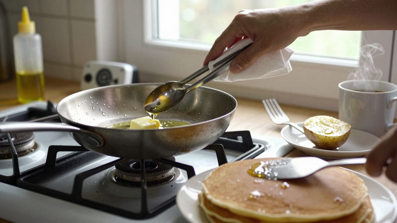 Mão adiciona manteiga numa frigideira sobre fogão, com panquecas ao lado e chávena de café ao fundo.