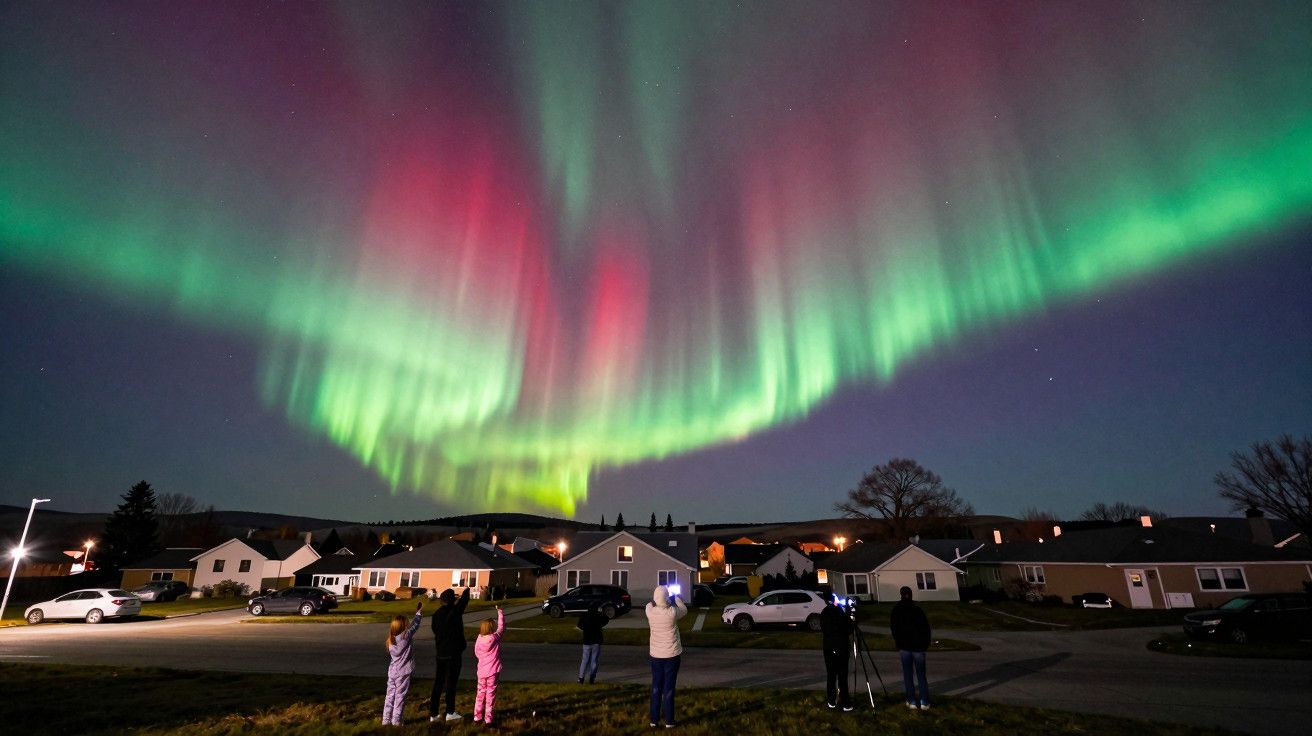 Pessoas observam a aurora boreal verde e rosa num céu noturno, em frente a casas numa zona residencial.