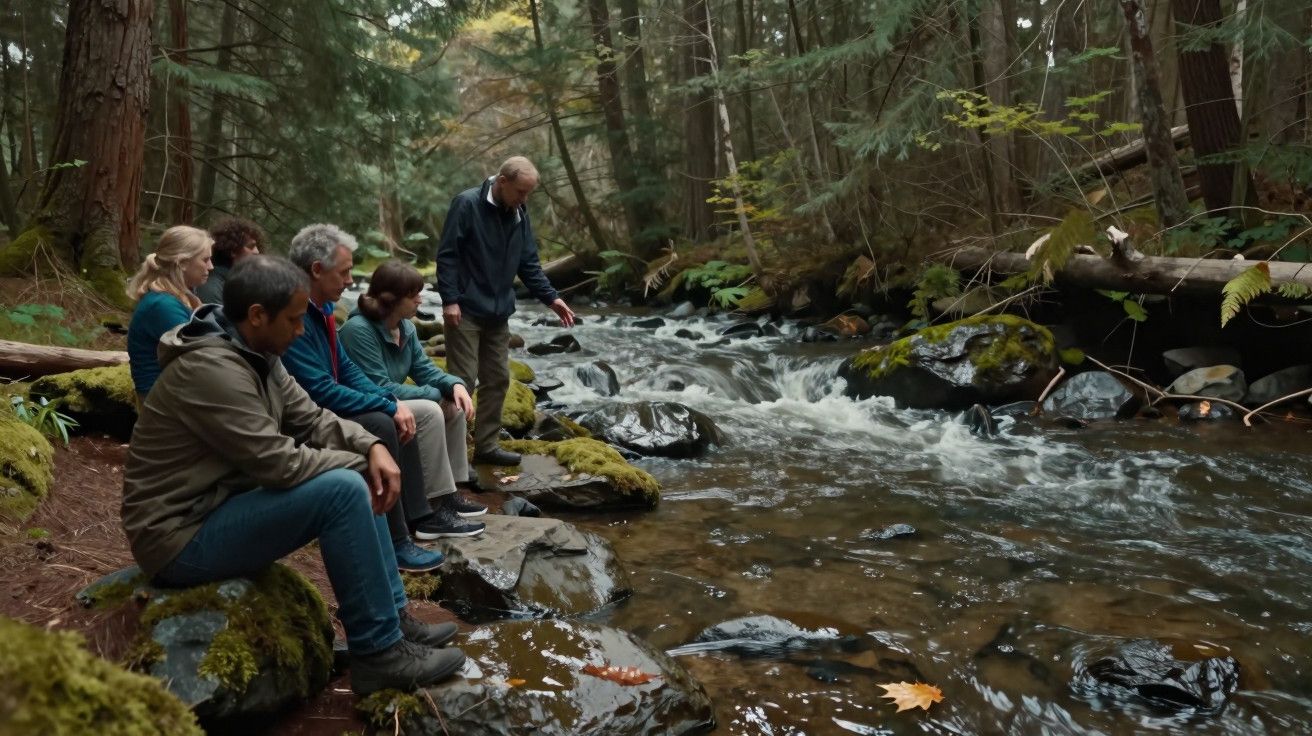 Grupo de pessoas sentadas na margem de um riacho no meio da floresta, observando a água.