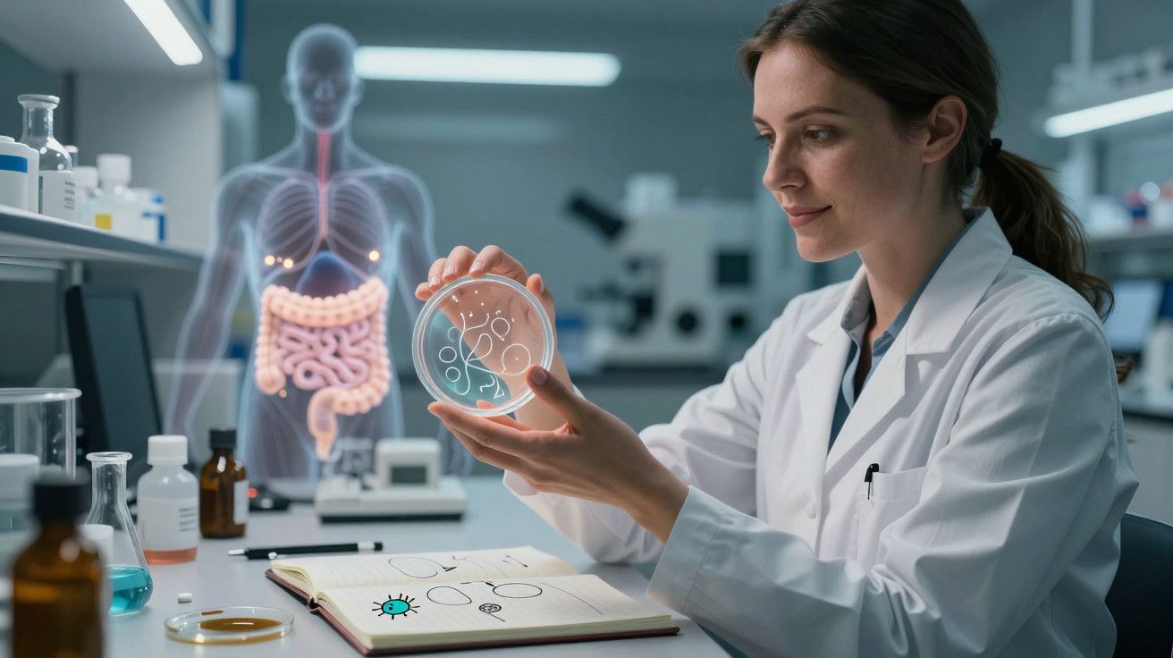 Cientista observa placa de Petri numa bancada de laboratório com holograma do sistema digestivo ao fundo.