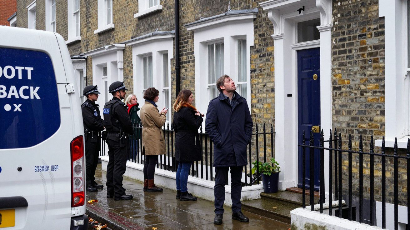 Pessoas na rua perto de casas em Londres, algumas observando e outras usando telemóveis, junto a uma carrinha branca.