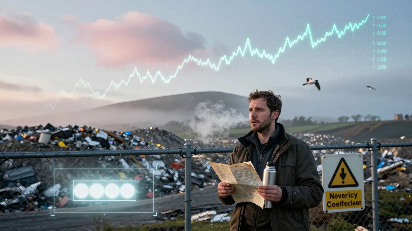 Homem com folha e garrafa em frente a aterro, gráfico em ascensão sobreposto.
