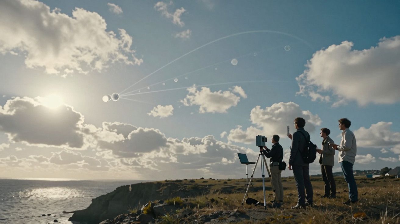 Grupo de pessoas observa o sol com equipamento científico ao lado de um penhasco sob um céu parcialmente nublado.