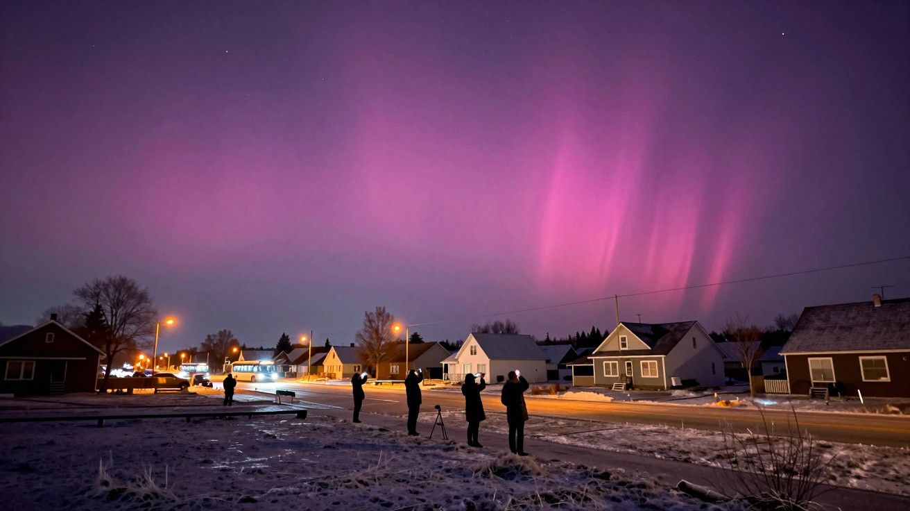 Céu noturno com auroras rosadas e pessoas a observá-las numa pequena vila coberta de neve.