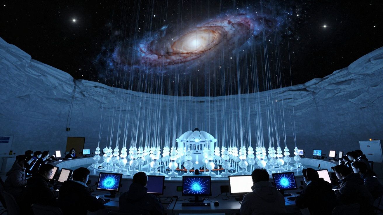 Computadores e pessoas num observatório futurista com galáxia projetada no teto em caverna.