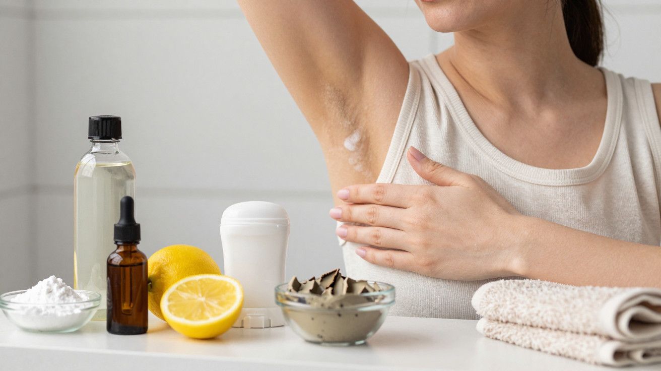 Mulher aplicando desodorizante na axila, com ingredientes naturais como limão e óleo sobre a mesa ao lado.